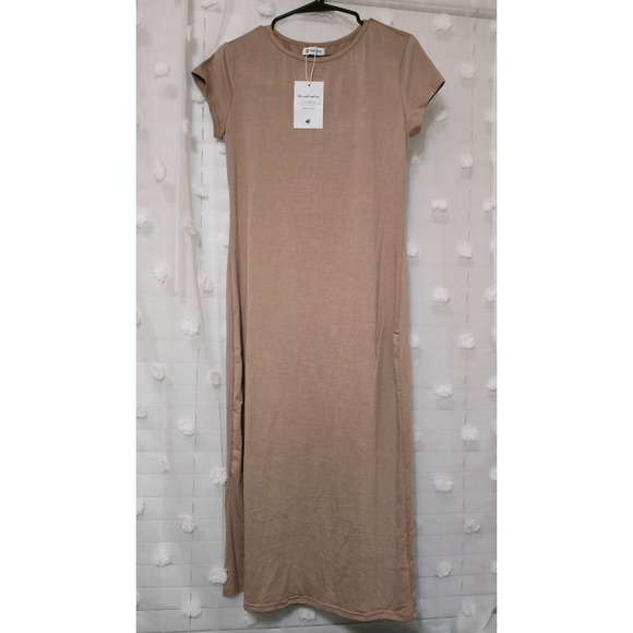 Wenrine Dresses & Skirts - Wenrine Womens Khaki Tan Short Sleeve Maxi Dress Crew Neck Side Slit Size Small
